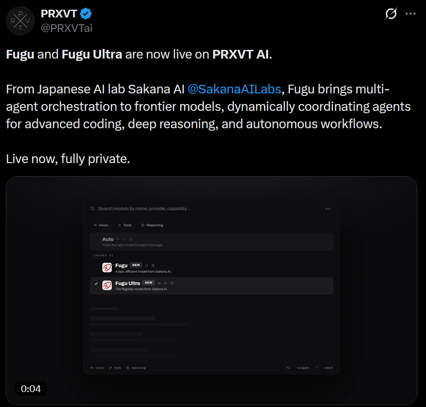 0xNche's tweet photo. A short story why $PRXVT will go to billions, it truly fills a gap no other project can, not even $VVV.

No identity, ZK gated, no IP, no personal info, no account.

We're going to see more of this - EU geoblocked on Sakana AI.

Anthropic to let only US nationals use Fable/Mythos https://t.co/mvGilDzY5J