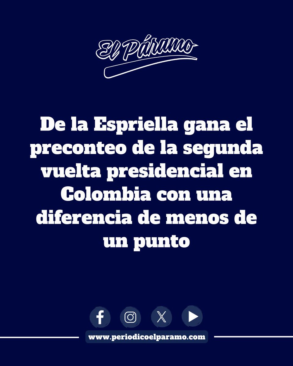 PeriodicoEP's tweet photo. 🇨🇴🗳️📊 El candidato de Defensores de la Patria se impone a Iván Cepeda con el 49,66% frente al 48,70%, en la elección más reñida de la historia reciente del país. El escrutinio oficial definirá el resultado vinculante.

https://t.co/h8UWtLPNH8 https://t.co/gLTJJRr24A