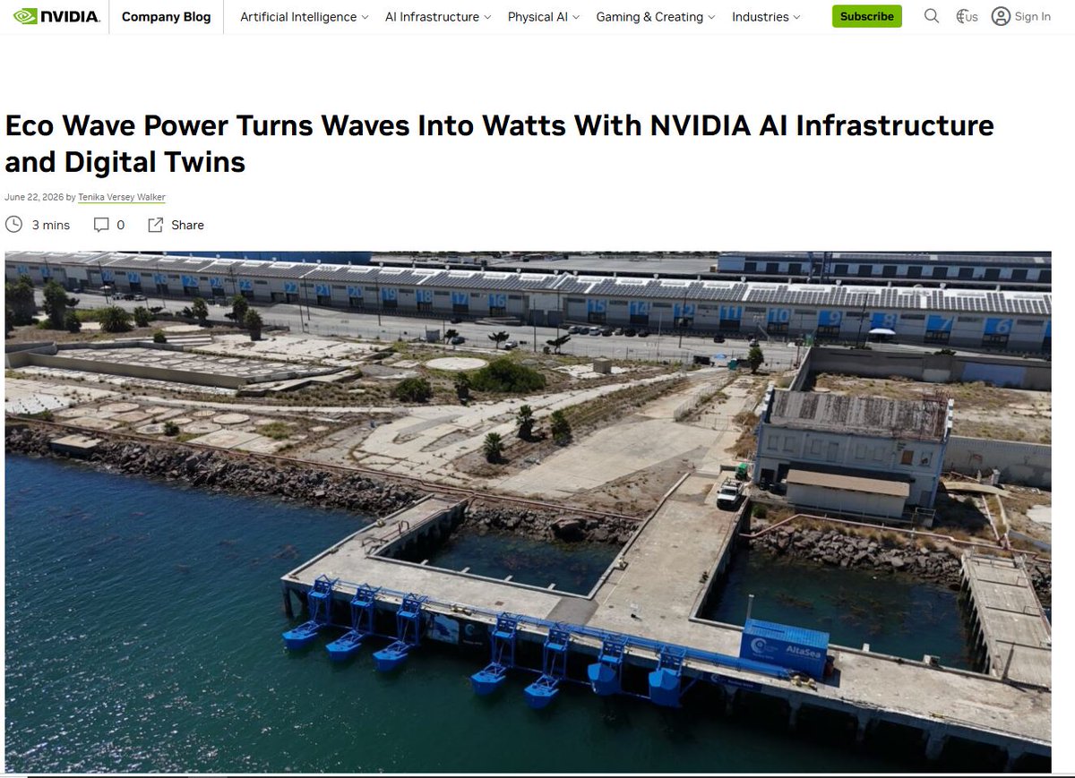 InnaBraverman's tweet photo. 🌊 Excited to see @EcoWavePower_  ( $WAVE) featured in @nvidia 's blog, highlighting how AI, digital twins, and wave energy can help power the future of AI infrastructure.

Read more: https://t.co/9CAomW3LAS

#NVIDIA #AI #WaveEnergy https://t.co/JfvfdkXjeV