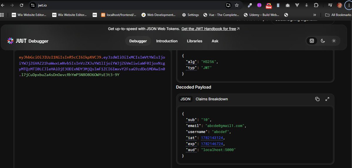 EdwinLongjohn's tweet photo. I've been able to create a json token using the jwtService from the installed jwt package, it just requires a payload and some optional config options. This was done and also i used the jwt website to decode my payloads it was fun. https://t.co/XmFolcCzim