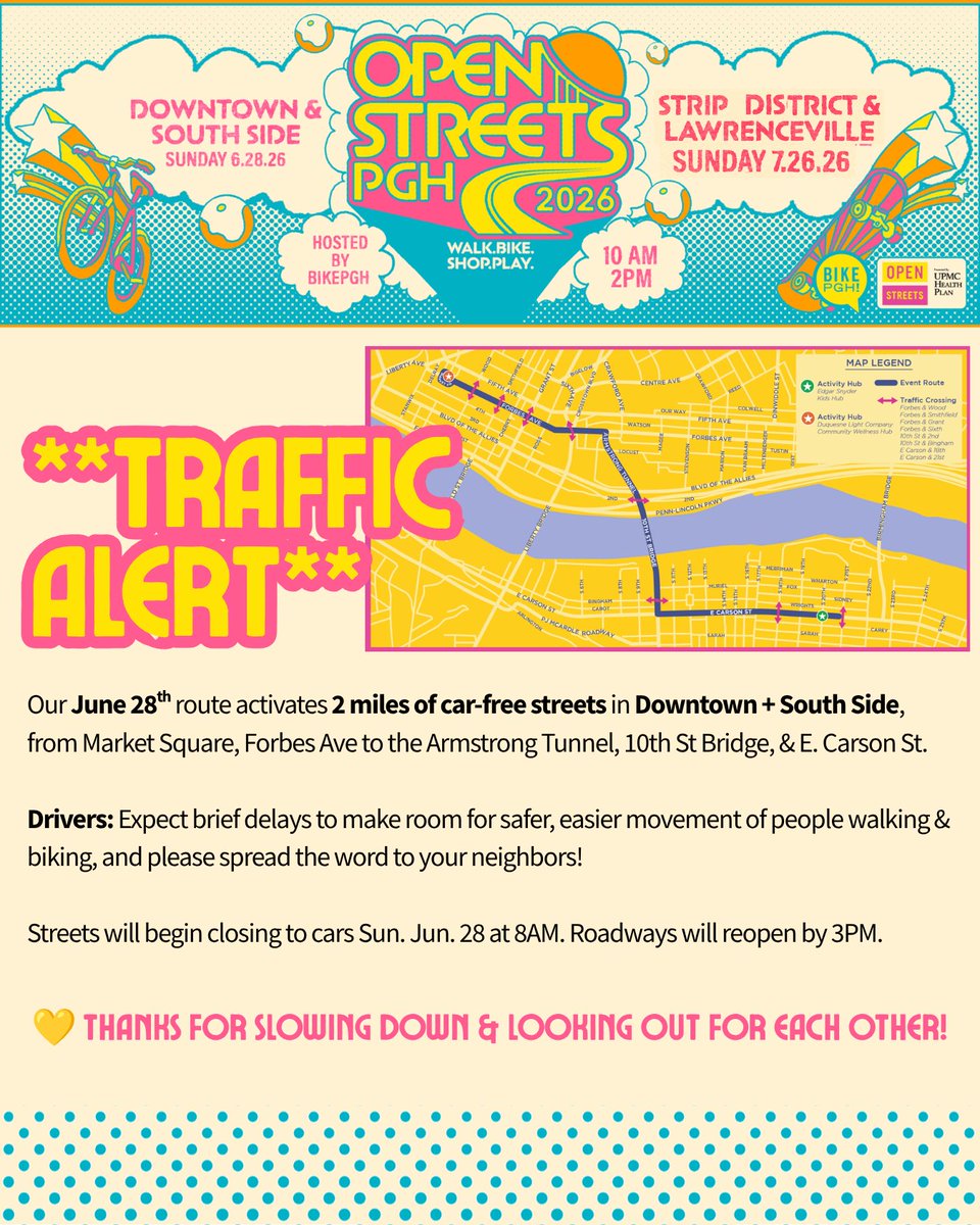 PGHDistrict3's tweet photo. Open Streets is back!!🚶👓🚲

@bikepgh's OpenStreetsPGH is bringing 2 miles of car-free streets to life through Downtown Pittsburgh and South Side on Sun. June 28.

Walk, bike, run, enjoy the open road! Check out all the free activities here: https://t.co/01S6Zmu2KI https://t.co/s3VKBgp05U