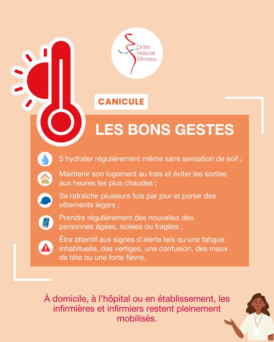 OrdreInfirmiers's tweet photo. 🌡️ Alors que les épisodes de canicule se multiplient, les infirmières et infirmiers restent mobilisées auprès des personnes les plus vulnérables.
 
A domicile, à l'hôpital ou en établissement, les infirmières et les infirmiers assurent la continuité des soins, repèrent les signes d'alerte liés aux fortes chaleurs (maux de tête, nausées ou vomissements, fatigue inhabituelle, confusion, fièvre élevée, crampes musculaires...) et rappellent les gestes de prévention :
 
💧 s'hydrater régulièrement même sans sensation de soif ;

🏠 maintenir son logement au frais et éviter les sorties aux heures les plus chaudes ;

🧢 se rafraîchir plusieurs fois par jour et porter des vêtements légers ;

📞 prendre régulièrement des nouvelles des personnes âgées, isolées ou fragiles ;

⚠️ être attentif aux signes d'alerte tels qu'une fatigue inhabituelle, des vertiges, une confusion, des maux de tête ou une forte fièvre.
 
Leur présence, leur expertise et leur vigilance sont essentiels pour faire face à cet épisode de chaleur exceptionnelle et garantir la sécurité des plus fragiles.
 
🤝L'Ordre tient à saluer l'engagement et le professionnalisme de l'ensemble de la profession ; les infirmières et les infirmiers, aussi bien en Institution qu’en libéral, qui accompagnent les patients au plus près de leur prise en charge, et ce dans des conditions d'exercice rendues particulièrement éprouvantes.
 
#Canicule #Infirmière #Infirmier #Soins #Santé #Prévention #IDEL #ProfessionInfirmière