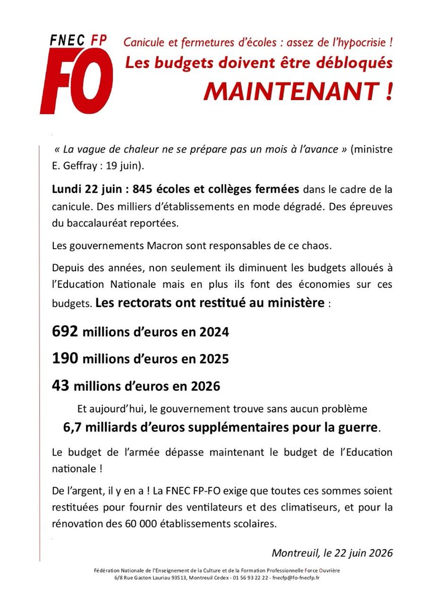 FnecFpFO's tweet photo. Edouard Geffray : « La vague de chaleur ne se prépare pas un mois à l’avance »

Petit rappel de 2024 à aujourd'hui 👇
#BudgetDeGuerre https://t.co/uPwabRP94I