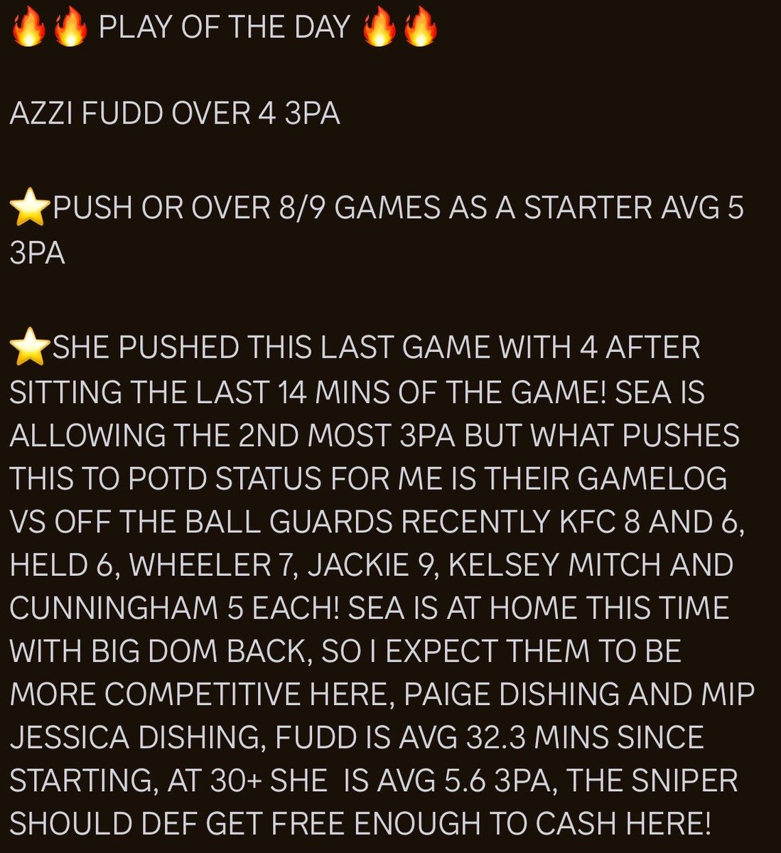 RACKEMSPORTS's tweet photo. 🔥🔥 PLAY OF THE DAY 🔥🔥

AZZI FUDD OVER 4 3PA

 #POTD #PLAYOFTHEDAY #PrizePicks #playerprops #DFS #pp #mlb #NFL #NFLPRIZEPICK #nfltwitter #nbatwitter #NBA #nbaplayoffs  #NBAFinals #alwaysknicks #gospursgo #tiktok #NBAprizepick #WNBAPicks #nbaespn #wnba #NBACup #nbaprop #nbaplays #WNBATwitter #WNBAProps #wnbabets #nbabets #WNBA #nbapickstoday  #Gambling #GamblingX