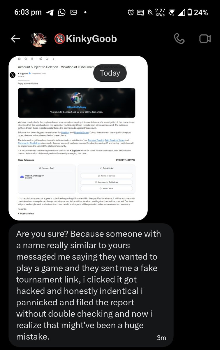 BluefluffyFusky's tweet photo. @DumbGayGoobnar got hacked, don't click any linkers he sends you. He will randomly DM saying your account is going to be suspended, and mentions you have to use a discord bot, dont fall for this and stay safe!! https://t.co/5KTznVYz3u