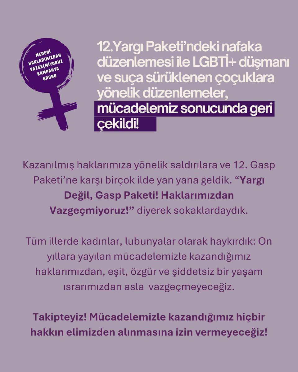 tspkadin's tweet photo. 12.Yargı Paketi’ndeki nafaka düzenlemesi ile LGBTİ+ düşmanı ve suça sürüklenen çoçuklara yönelik düzenlemeler, mücadelemiz sonucunda geri çekildi!

Kazanılmış haklarımıza yönelik saldırılara ve 12. Gasp Paketi’ne karşı birçok ilde yan yana geldik. “Yargı Değil, Gasp Paketi! Haklarımızdan Vazgeçmiyoruz!” diyerek sokaklardaydık.

Tüm illerde kadınlar, lubunyalar olarak haykırdık: On yıllara yayılan mücadelemizle kazandığımız haklarımızdan, eşit, özgür ve şiddetsiz bir yaşam ısrarımızdan asla vazgeçmeyeceğiz.

Takipteyiz! Mücadelemizle kazandığımız hiçbir hakkın elimizden alınmasına izin vermeyeceğiz!