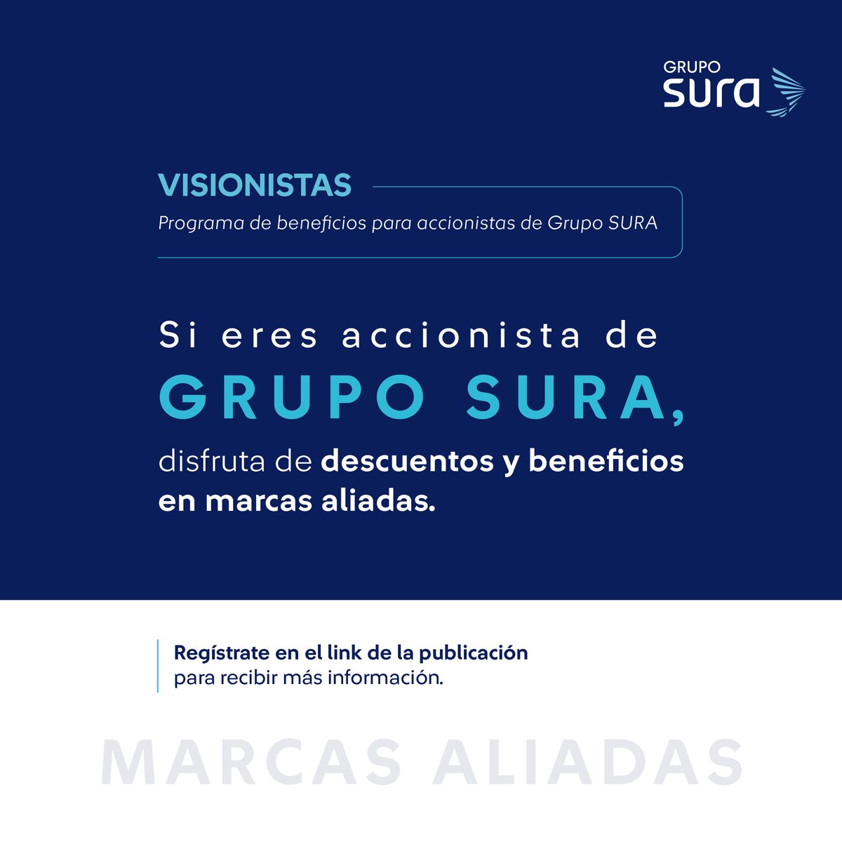 GRUPOSURA's tweet photo. A través de Visionistas, nuestro programa de beneficios para accionistas de Grupo SURA, podrás disfrutar de descuentos y beneficios exclusivos en marcas aliadas, diseñados para acompañarte en distintos momentos de tu vida. 💫
Si eres accionista de nuestra Compañía, te invitamos a registrarte para conocer todas las oportunidades y beneficios disponibles para ti 👉https://t.co/Jp0KPqddIe