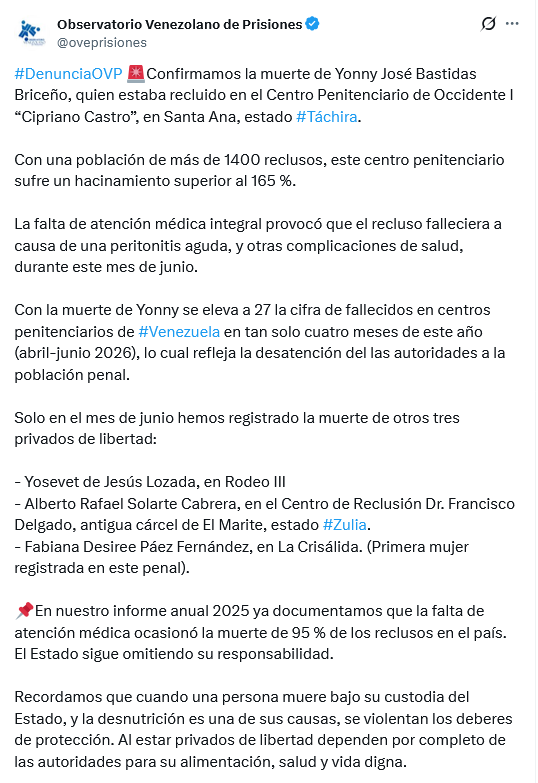ImpactoVE's tweet photo. 🚨 DENUNCIAN MUERTE BAJO CUSTODIA DEL ESTADO

El @oveprisiones informó que falleció Yonny José Bastidas Briceño en el penal “Cipriano Castro” del Táchira por falta de atención médica. Con este caso, suman 27 reclusos muertos en cárceles de Venezuela entre abril y junio de 2026 https://t.co/H5fkgYzXy0