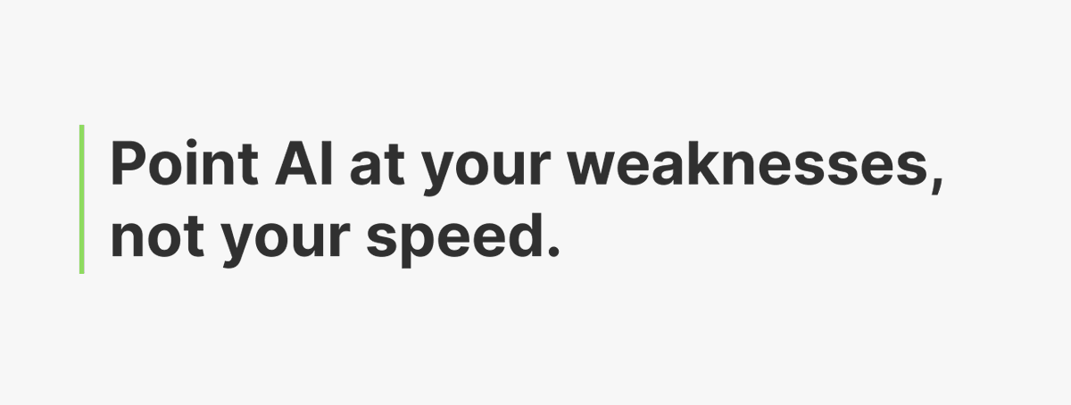 frytyler's tweet photo. Point AI at your weaknesses, not your speed.

Before I build anything, I use it as a thinking partner to stress-test the idea. "What am I missing? Where does this break? What am I assuming that's wrong?"

Most people use it to go faster on things they're already confident about. That's the wrong direction.