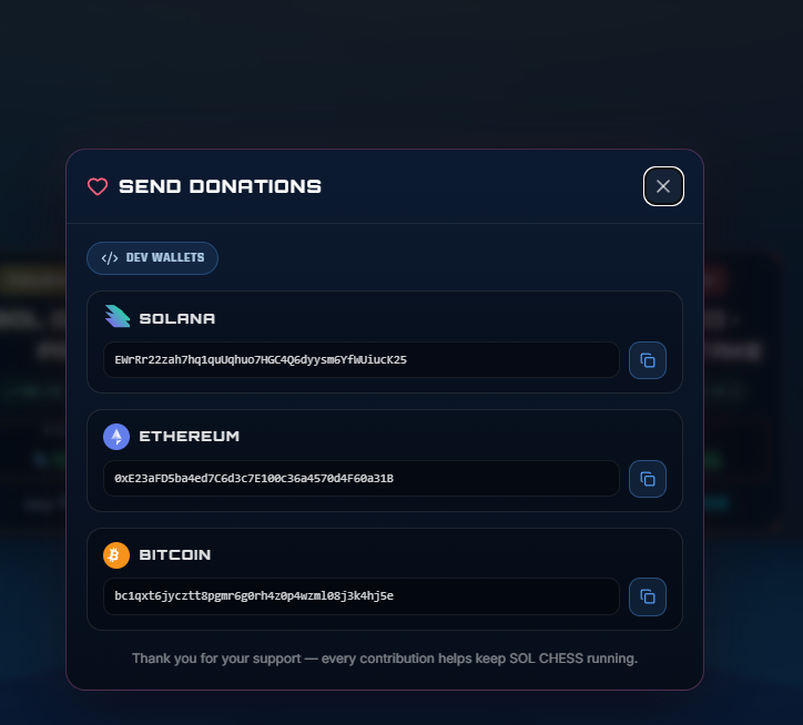folk__dev's tweet photo. If you enjoy SolChess and want to support its development, you can help 🙏

Visit the site and click the ❤️ in the bottom-left corner to find my wallets.

Every contribution helps us build faster, safer, and better for the community. ♟️

https://t.co/OYJF18WkQa https://t.co/bbLzhW8N6u