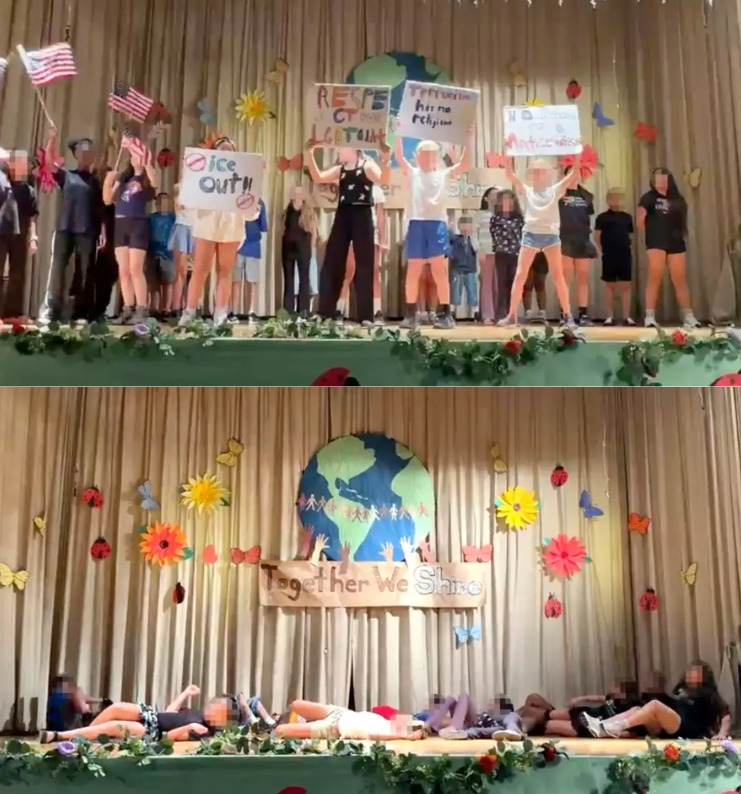 libsoftiktok's tweet photo. Emily Dickinson School (@NYCSchools) reportedly held a hyper-political performance where kids held anti-ICE signs before being “shot” and “kiIIed” by police.

You can contact the superintendent here and share your thoughts: rhiggins@schools.nyc.gov

Source: NYP https://t.co/KsLX0VyvS0