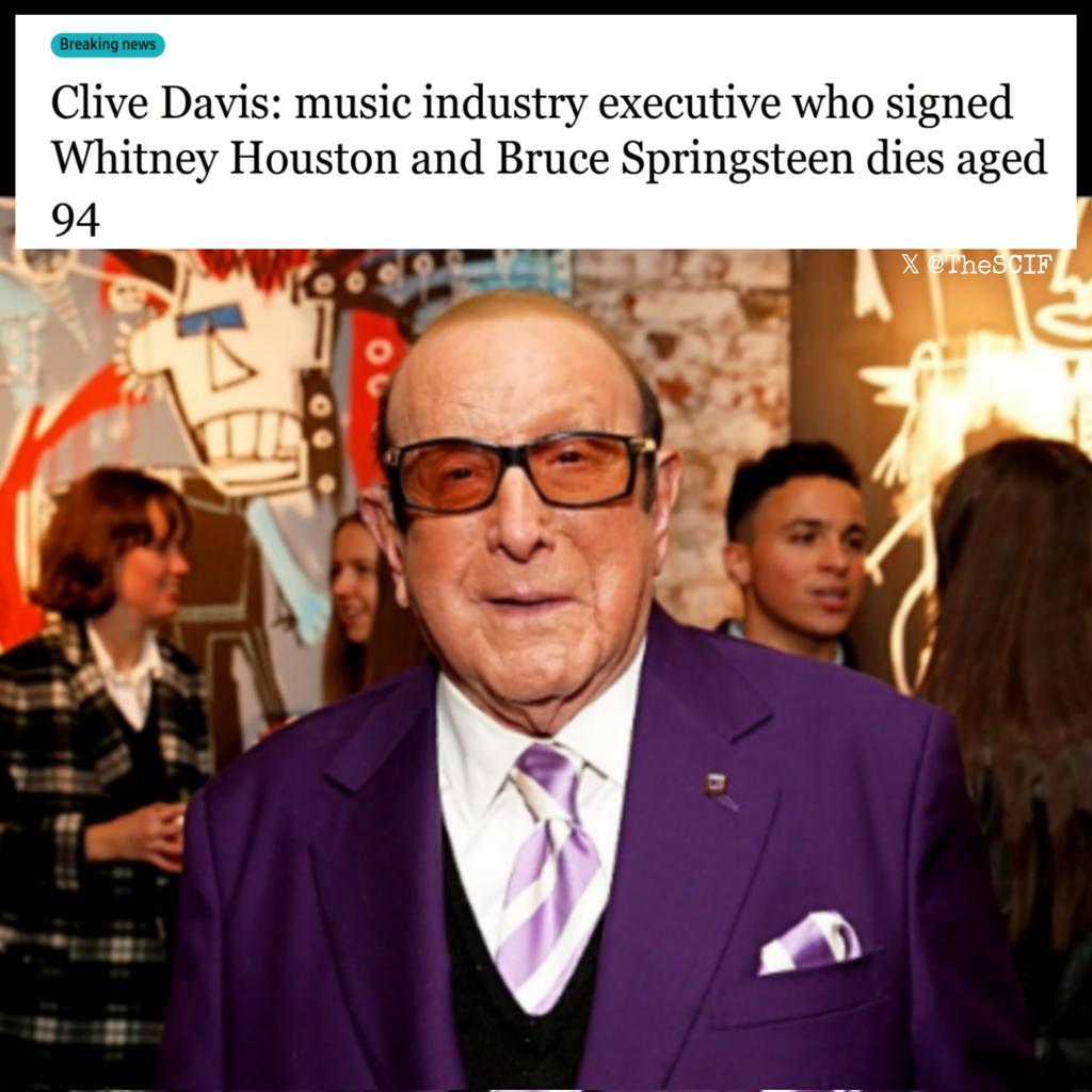 TheSCIF's tweet photo. Diddy mentor and veteran music executive who signed Whitney Houston and Bruce Springsteen, CLIVE DAVIS, dies at age 94. https://t.co/GRYgHVFSsk
