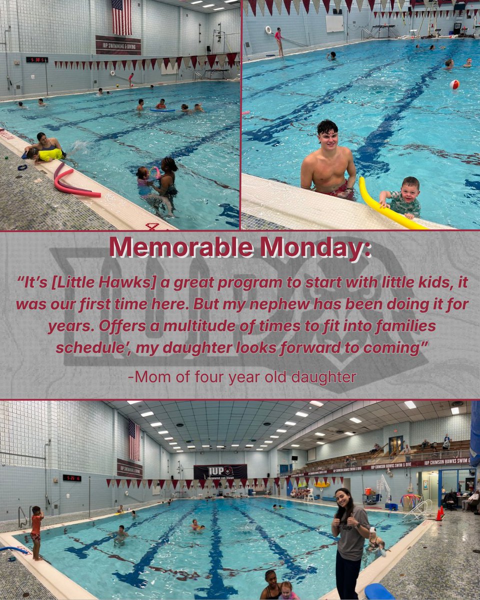 IUPAquatics's tweet photo. We're grateful to be part of so many families' swimming journeys—from first-time swimmers to returning Little Hawks year after year. Hearing stories like this reminds us why we do what we do.
#MemorableMonday #IUPAquatics #LittleHawks #LearnToSwim #SwimLessons #CrimsonHawks #IUP https://t.co/YIzxlkJuZJ