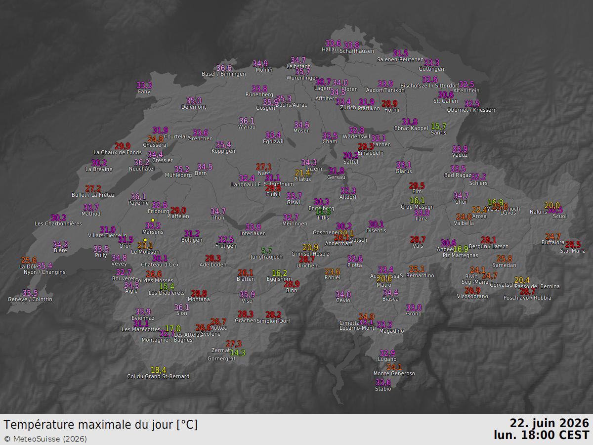 meteosuisse's tweet photo. Plusieurs #records mensuels battus aujourd'hui en Romandie : 
- Payerne 36.1 °C (34.9 le 19.06.2022, /depuis 1964) 
- Pully 35.5 °C (33.3 le 28.06.2019, /1959) 
- Nyon 35.4 °C (34.7 le 19.06.2022 /1965) 
- Aigle 34.5 °C (32.7 le 19.06.2013 /1981)

Il y en aura d'autres… https://t.co/JhW3clPrti