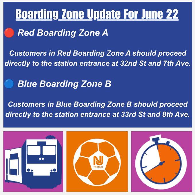 NJTRANSIT's tweet photo. Due to forecast inclement weather, customers traveling to today’s FIFA World Cup™ match from Penn Station New York are strongly encouraged to proceed directly to their designated station entrance to access indoor boarding queues. https://t.co/4knOz9JEEr
