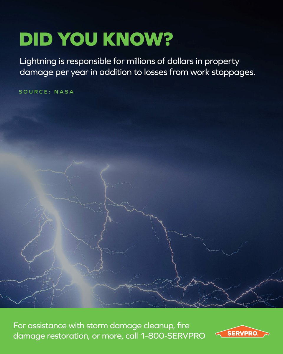 SERVPRO's tweet photo. Look out for your team this thunderstorm season. ⚡

SERVPRO project managers help keep crews safe by making quick decisions when lightning and severe weather are present.

Follow OSHA safety guidelines to help protect your teams and keep projects running safely during storms. https://t.co/9nc5kytUsw