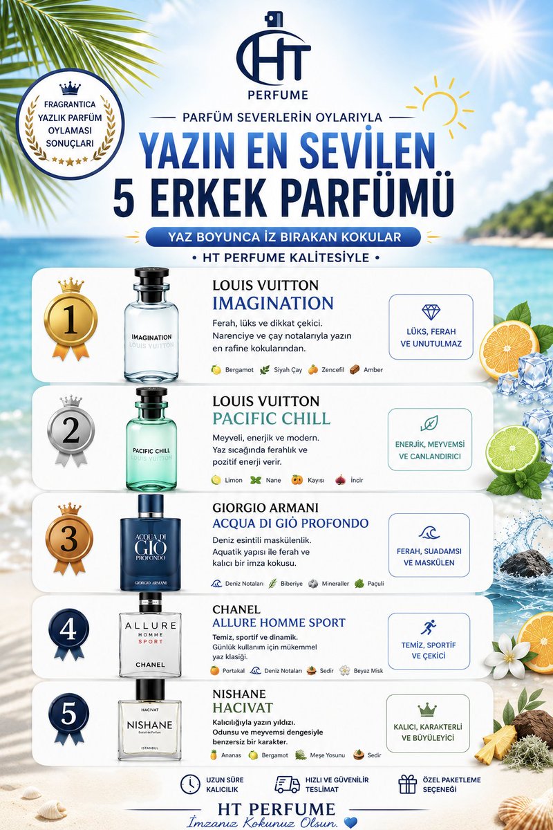 HtPerfumee's tweet photo. ☀️🌊Fragrantica kullanıcıların oylarıyla belirlenen yazın en çok sevilen ve tercih edilen parfüm sıralaması bu şekilde. İmagination yine zirvede 😎. https://t.co/8mZfMygE0M