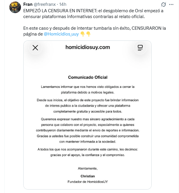 Gonzalo_Daniel3's tweet photo. Vamos camino a ser otra Cuba. Censuraron a una página web que brindaba infomación acerca de los homicidios. Claro al gobierno no le sirve que se sepa la verdad. https://t.co/ShadyCaBJT