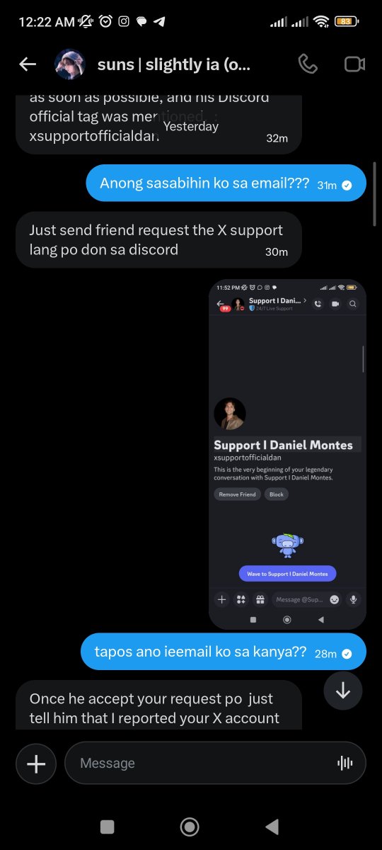 athe8naaa's tweet photo. F*$k muntik na ako ma scam netong lintek na'to @sunnieq_ buti nalang alert ako sa mga reply ni Kuya Daniel sa di$cÓrd baguhin ba naman yung email para di daw ma suspend yung X account mo. Please help me report this account para wala nang masirang account!!! 

#scammer https://t.co/wWXa8WGATT