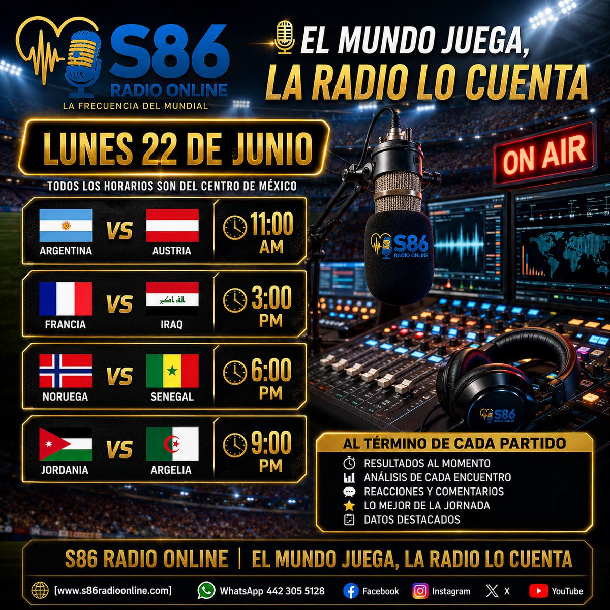 S86Radio's tweet photo. 🎙️⚽ ¡La emoción del Mundial se vive por S86 Radio Online! ⚽🎙️

Este lunes 22 de junio acompáñanos en una jornada llena de pasión, goles y grandes emociones con los mejores encuentros del día. 

🌐 https://t.co/30APEvfOZX https://t.co/Dm8cVy8Odz