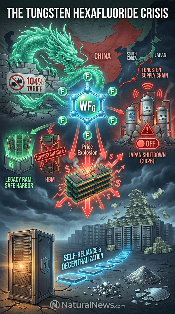 HealthRanger's tweet photo. The Tungsten Hexafluoride (WF6) crisis explained in an infographic. China is restricting Tungsten exports. Japanese WF6 producers have run out of tungsten from China and are stopping shipments of WF6 ONE WEEK from today. Microchip manufacturers will be eating through existing WF6 inventory for a few months at most, and then they will be royally screwed. ("W" is the elemental symbol for tungsten.) No WF6 = No microchips. Have fun with that...