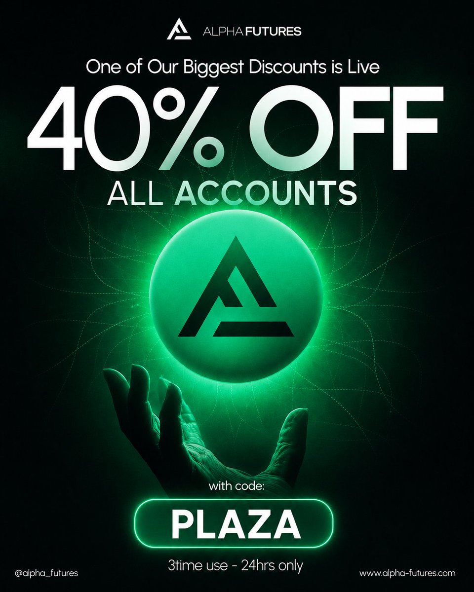 propfirmsplaza's tweet photo. Alpha &amp; Apex Ultimate showdown!

Alpha futures;
Use code: PLAZA [1st time users only]
(40% OFF + 2 FREE accounts on payout)

Apex trading funding;
90% OFF on all models [Ends in 12 hours]
Use code: PLAZA

Comment below, one random user winsa FREE $50k Alpha Zero &amp; $50k Apex Eval! https://t.co/0ZIdbalJ6v