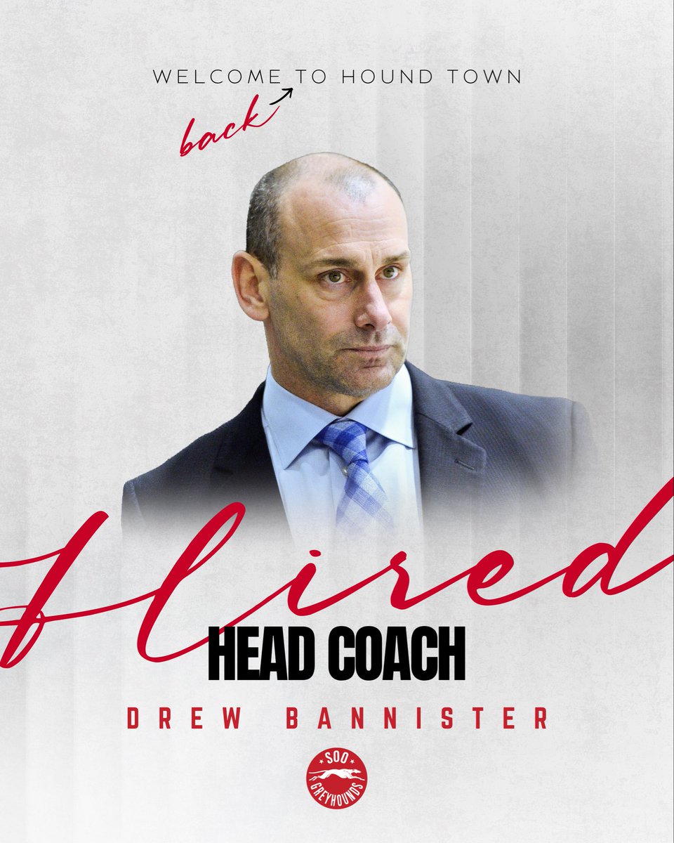 OHLHoundPower's tweet photo. Welcome back, COACH 🫡

Drew Bannister has been named Soo Greyhounds Head Coach— Bannister returns to the Greyhounds bringing with him one of the most accomplished resumes in franchise history as both a player and coach. 

📰: https://t.co/2nzuuRp2nn

#ohl #soogreyhounds https://t.co/ooHCleZZnH