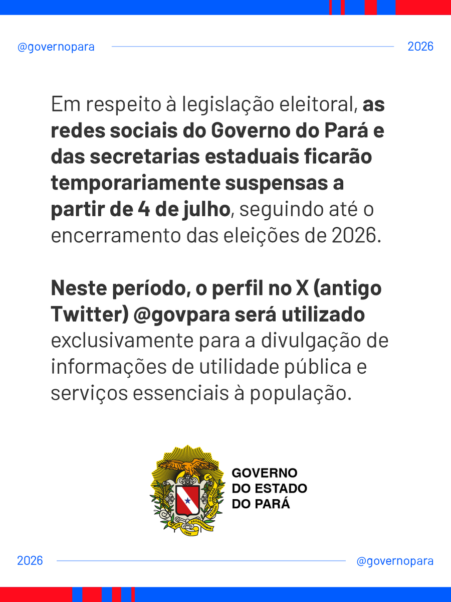 ngtm_pa's tweet photo. Em respeito à legislação eleitoral, as redes sociais do Governo do Pará e das secretarias estaduais ficarão temporariamente suspensas a partir de 4 de julho, seguindo até o encerramento das eleições de 2026. https://t.co/tPwAL11pe7