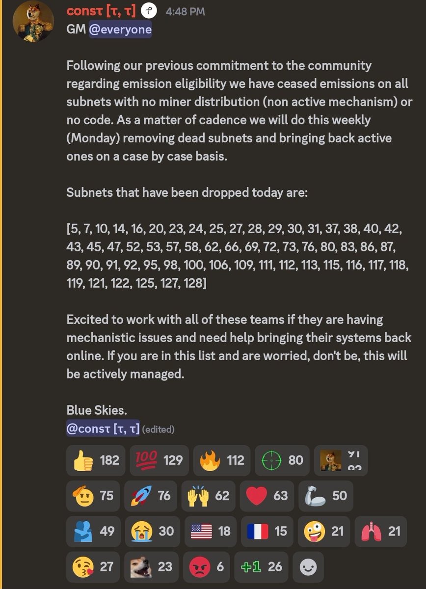 SubnetSummerTAO's tweet photo. No more emissions for subnets with no miner distribution (non-active mechanism) or no code.

The new era has started.

Full list of dropped subnets 👇 https://t.co/1z51lz670L