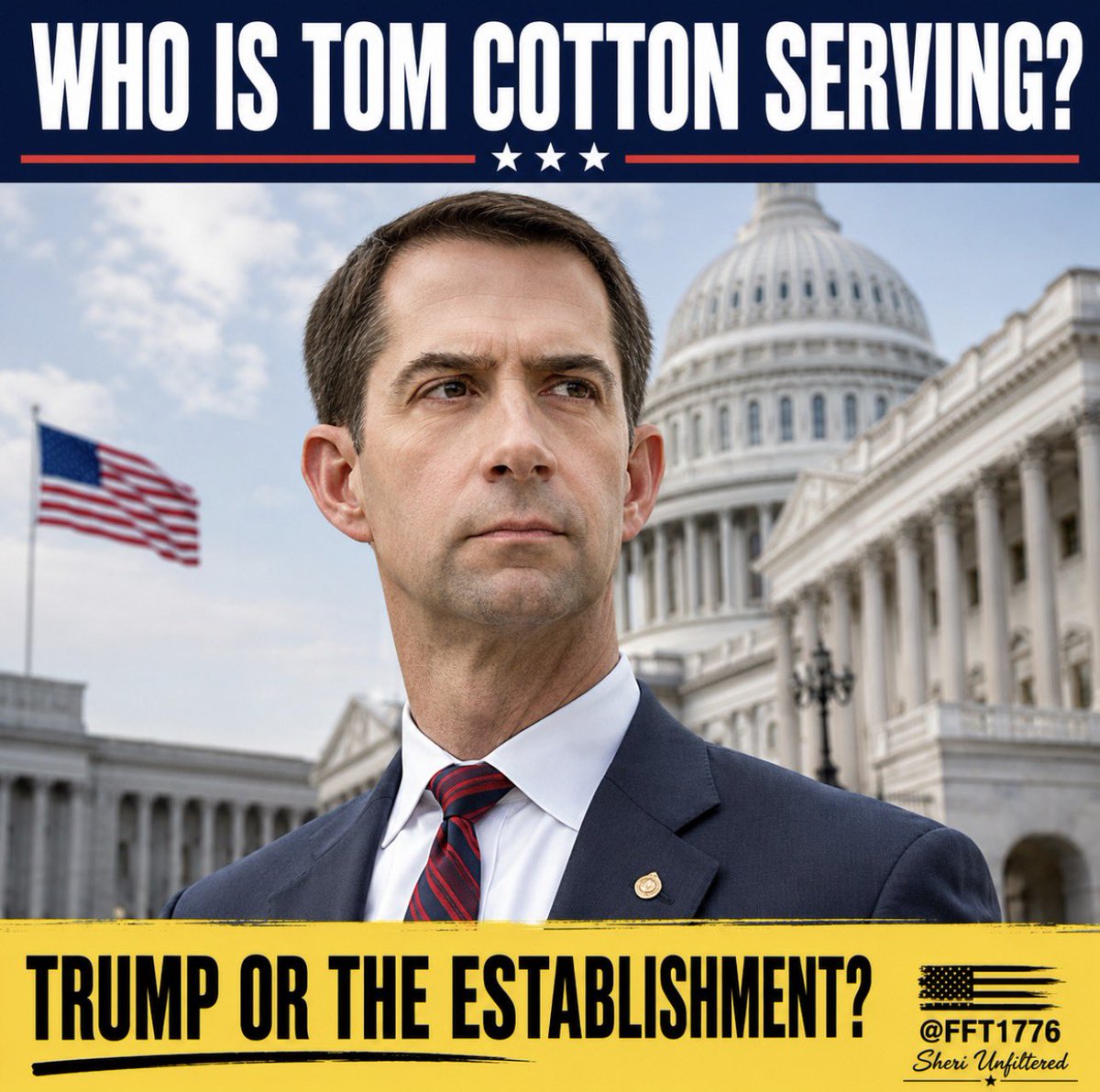 FFT1776's tweet photo. 🔥WHO IS TOM COTTON WORKING FOR?

Since President Trump took office in 2025, 🚨Tom Cotton has PRESIDED OVER PRO FORMA SESSIONS at least 4 times.

These fake, seconds-long gavels keep the Senate technically “in session” and block Trump from making recess appointments to quickly fill key positions with his America First team.

While Trump works to staff his administration, Cotton and the Senate establishment keep running interference.

Why is a Republican helping slow down a Republican President’s agenda?

Enough with the pro forma games. End them NOW or primary the Republicans protecting them. 🇺🇸