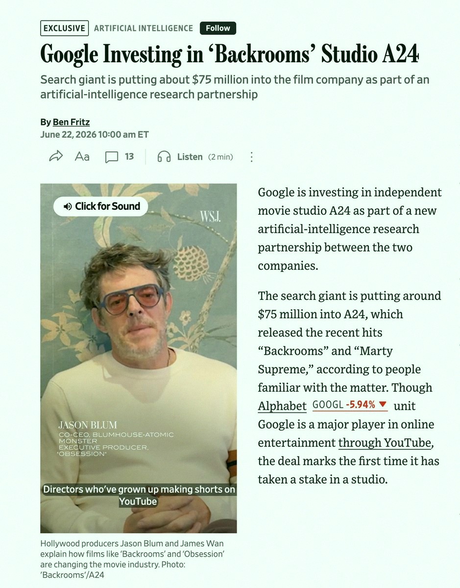 colewalsh01's tweet photo. Google dropping $75 million on A24 for YouTube — smart move.

Netflix is snoozing with its Bravo-style shows and low-budget docs.

Their stock is moving like Lululemon and Nike did right now. https://t.co/aB81DNjx3z