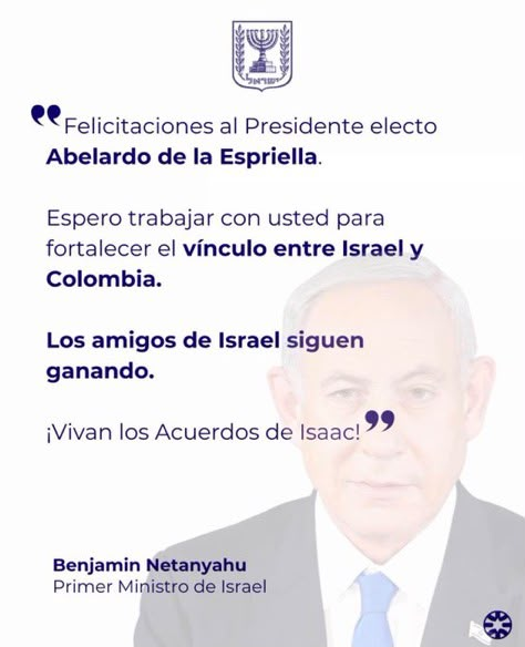 BluRadioCo's tweet photo. Israel felicitó al presidente electo de Colombia, Abelardo De La Espriella. El primer ministro Benjamin Netanyahu y el canciller Gideon Sa’ar expresaron su interés en fortalecer las relaciones bilaterales entre ambos países. Netanyahu aseguró que espera trabajar junto al nuevo mandatario y Sa’ar lo invitó a visitar Jerusalén. #VocesySonidos