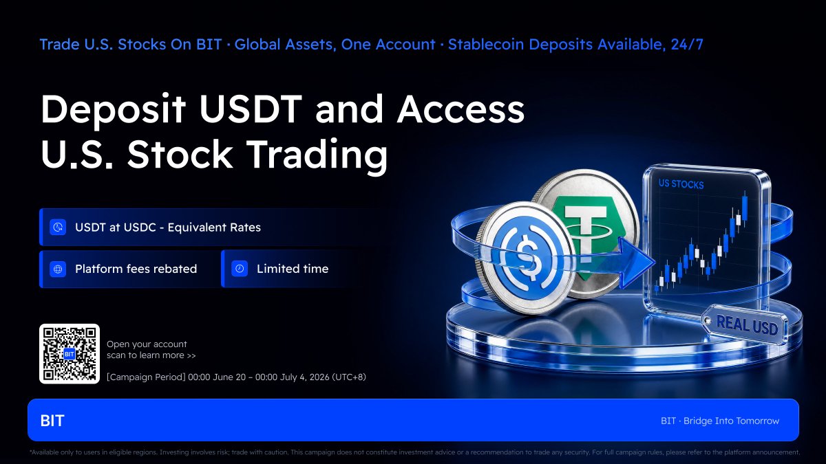BITStocks_EN's tweet photo. Your crypto. Your stocks. One account.

Deposit USDT and start trading U.S. stocks on BIT — at USDC-equivalent rates, with platform fees rebated.

Campaign runs 00:00 June 20 – 00:00 July 4, 2026 (UTC+8) https://t.co/TVPl3E6JCe