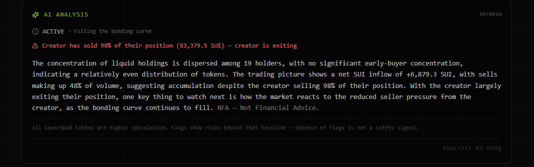 SuiPump_SUMP's tweet photo. 🔥 Build day on SuiPump, led by our agent infrastructure.

🤖 The agent runs your strategy and settles it on-chain through the Talus leader, every action provable, nothing custodial. We sharpened how it interprets commands, so multi-leg plays like take-profit and stop-loss together, or tiered exits, get read correctly from a single sentence.

🧪 Strategy parser test coverage went from 15 to 39 cases, all green, proof the interpretation got tighter, not just bigger.

🧠 We also upgraded the AI token analyzer. It now reads 5 trader-grade signals automatically, all computed on-chain, not guessed:

🎯 Sniper concentration: did the first few buyers grab most of the supply?

👤 Creator selling: is the creator dumping their own bag?

💧 Net SUI flow: money flowing in, or bleeding out?

📉 Momentum: early spike then silence, or real sustained activity?

🎓 Graduation proximity: how close is a volatility-heavy migration?

🟢 Live on Sui testnet. Building every day.

💬 What should the agent or analyzer do next, and what other workflows would you like to see added to the agent?