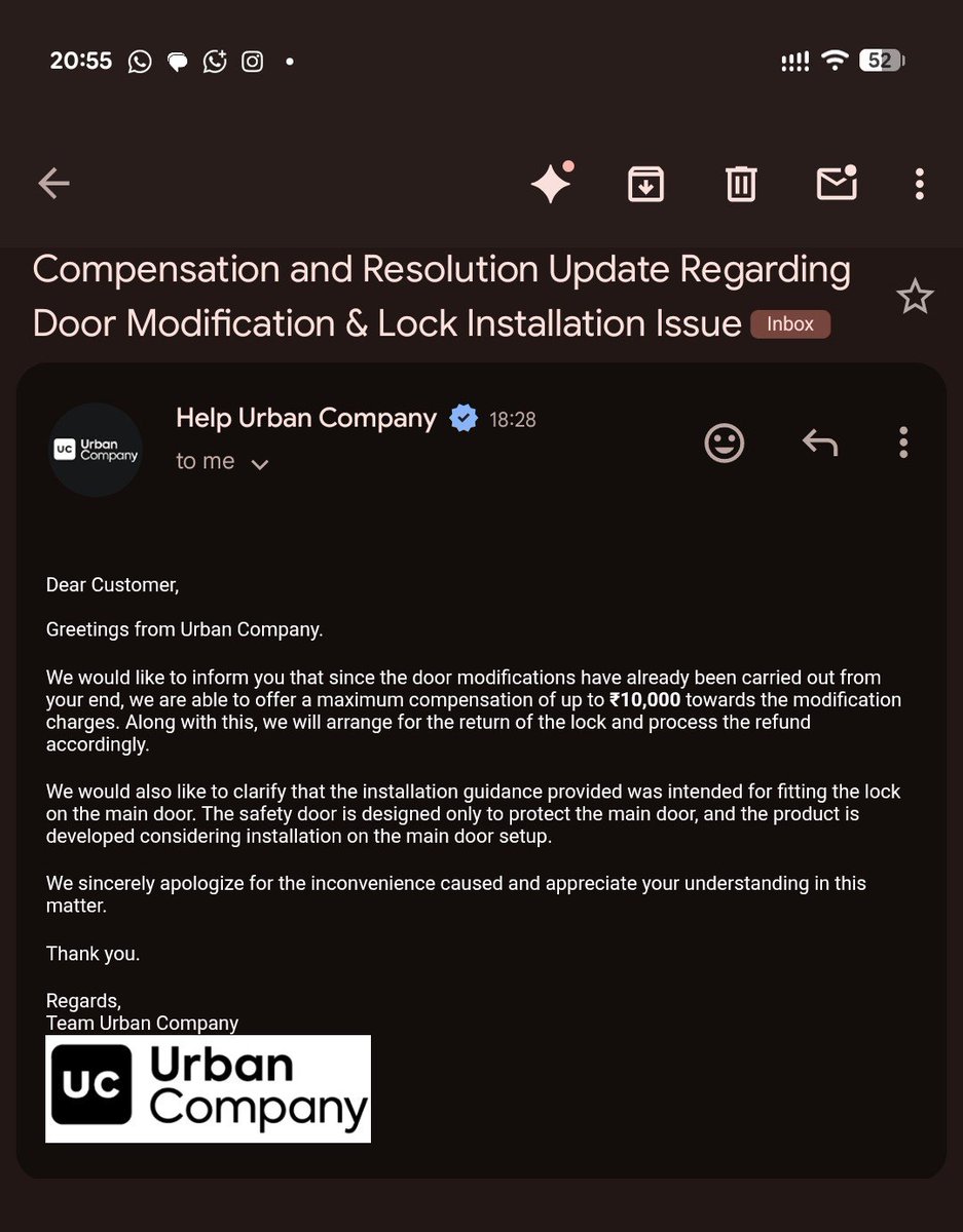 mtrmahendra's tweet photo. 10 days of home security risk, broken timelines &amp; active corporate gaslighting by @urbancompany_UC.
Today, UC's Grievance official admitted on call that their lock installation is technically IMPOSSIBLE on my setup, yet their team structurally ruined my main door... https://t.co/lIvwcZlQ33