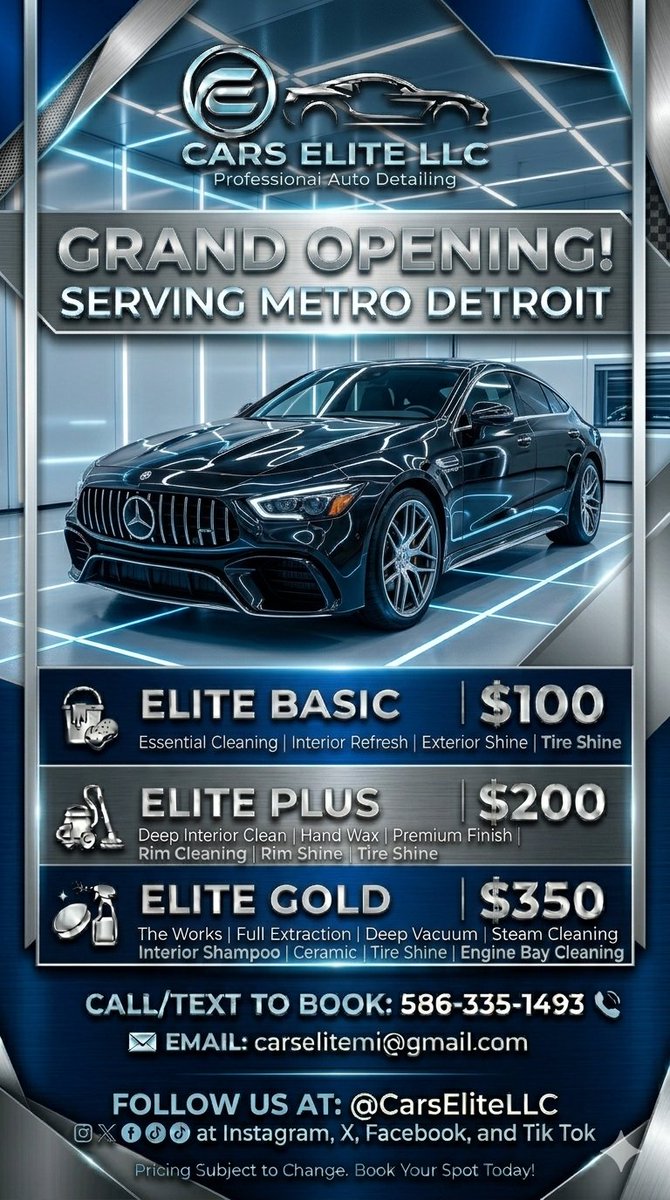 CarsElitemi's tweet photo. We are now open to service Southeastern Michigan 586-335-1493 #carselite #tint #detailing #mobiledetail #mobiletint #metrodetroit #carservices #grandopening https://t.co/Jq50JNUPcR