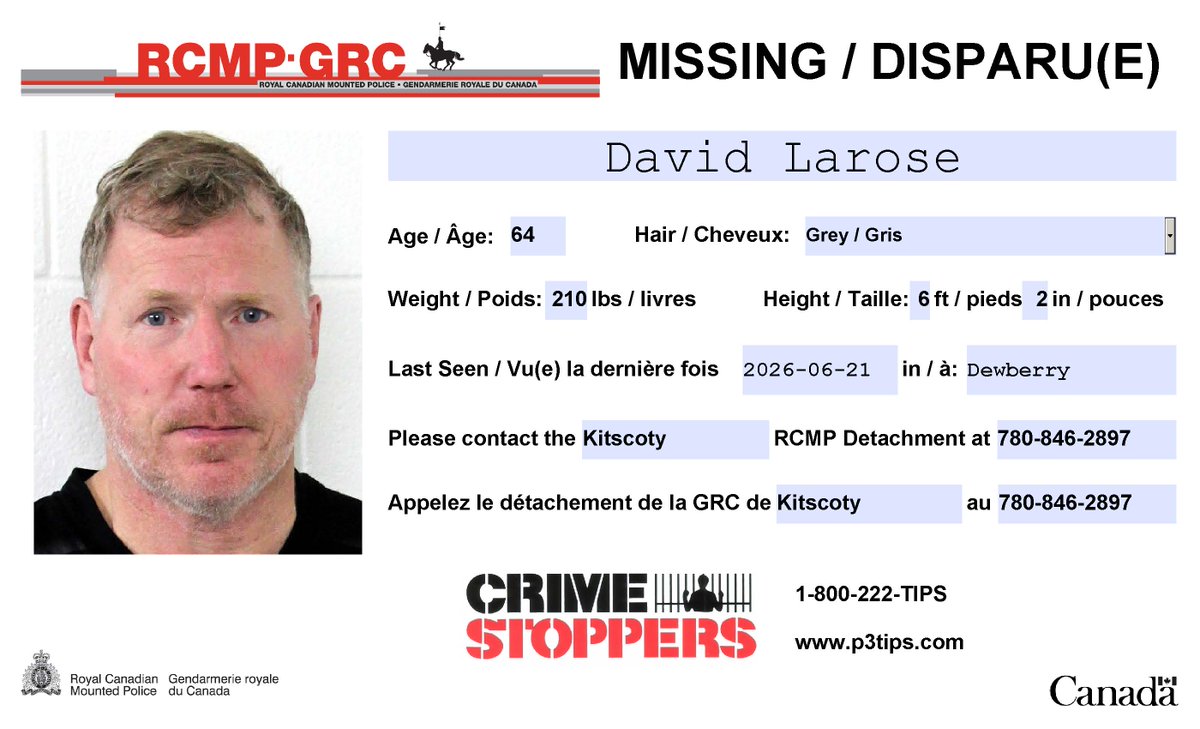 RCMPAlberta's tweet photo. #StillMissing: David Larose, 64, #Kitscoty. Possibly driving a 2002 Ford Econoline, bearing SK licence plate 877 LQH. https://t.co/z2VxECHewm