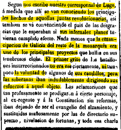 CsarCarams's tweet photo. A imprensa espanhola da altura identificou as duas almas da Revoluçom Galega: a militar progressista do pronunciamento inicial e a soberanista da dirigência civil posterior. Velaqui El Heraldo de Madrid de 13 de maio de 1846. A confussom entre ambas ainda cumpre aturarmo-la hoje. https://t.co/nvTYbYlDa5