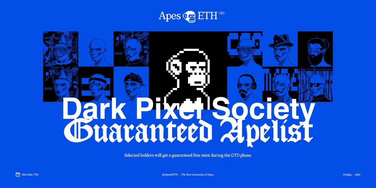 ApesofETH's tweet photo. Dark Pixel Ape is here! @DarkPixelSociet 😎

As fellow members of the pixel art community, we're proud to dedicate 200 GTD Apelist spots to the top 200 DPS holders.

Let's make pixel NFTs great again! 🔥 https://t.co/kDz7J18HTk