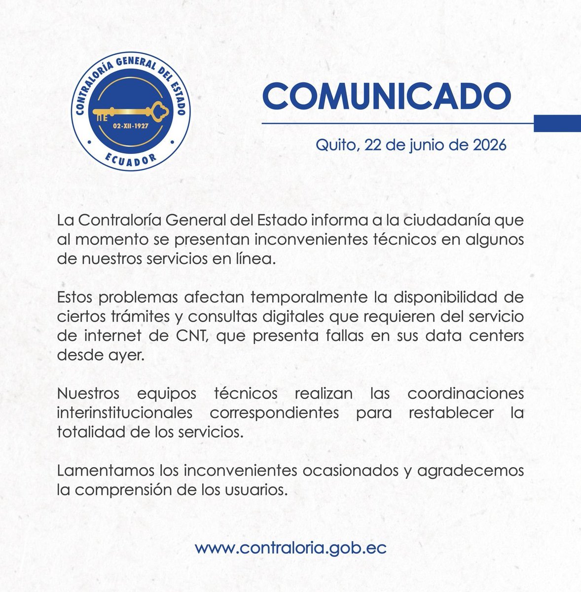 usuariosdigital's tweet photo. #AlertaDigitalEC
@ContraloriaECU informa que su servicio presenta inconvenientes pro problemas generados en @CNT_EC 
Este servicio se suma al de #FirmaEC que presenta problemas de la misma fuentes
No existe al momento comunicado público de autoridades de control https://t.co/b1Nbztpee9