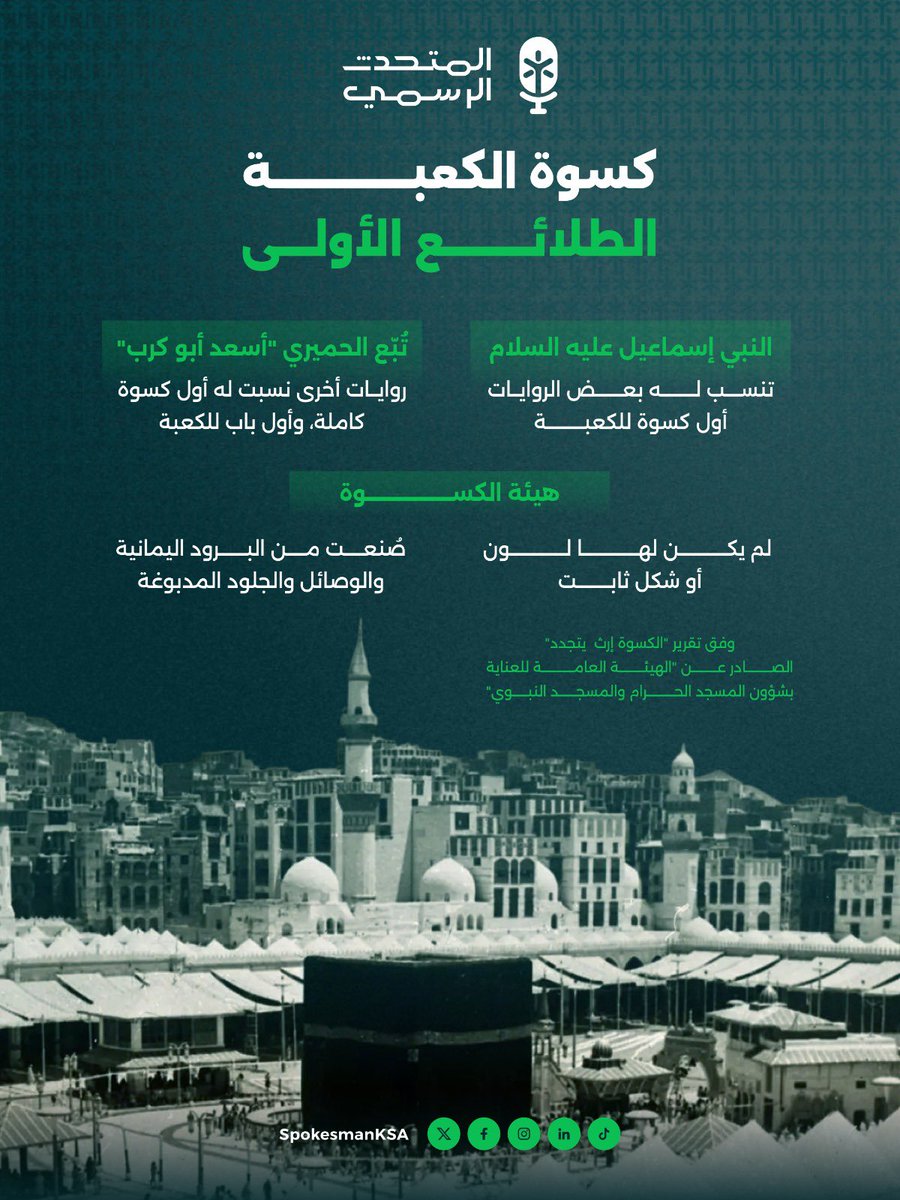 SpokesmanKSA's tweet photo. كسوة #الكعبة_المشرفة.. حكاية بدأت منذ قرون، وظلّت عنوانًا للتشريف والعناية ببيت الله الحرام، يرويها تقرير "الكسوة إرث يتجدد" بإجلال وتفصيل

للمزيد يمكن متابعة التقرير من الرابط المباشر: https://t.co/dagWqUxd89 https://t.co/0y7QVblR6z