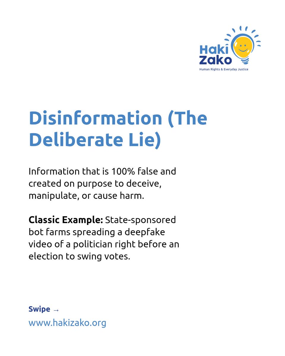 hakizako's tweet photo. Have you ever forwarded a message on WhatsApp, only to find out later it was totally fake?

That’s misinformation, an honest mistake. But online spaces are also flooded with disinformation (deliberate lies) and malinformation (leaked truths used as weapons).

Swipe through to see how these three impact your rights online, and let us know in the comments: Which one do you see blowing up your timeline the most?

#digitalrights #dataprivacy #juahakizako #knowyourrights