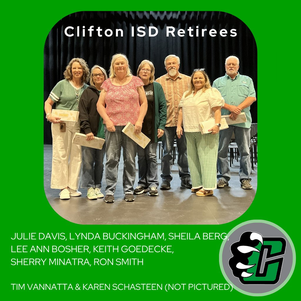 cliftonisd's tweet photo. 💚 Congratulations to our 2025–2026 Clifton ISD Years of Service honorees and retirees! Thank you for your dedication to our students, staff and community. 📖 Read more: https://t.co/gBEivJgulC #TeamCISD #CubPride https://t.co/vr8hmqQUos