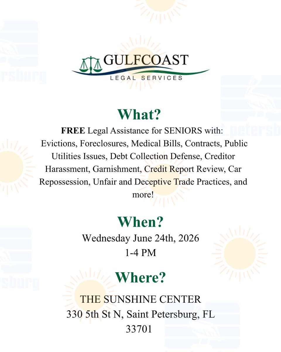 GLS_INC's tweet photo. Seniors! If you can't make it to the office, here is another opportunity to come see us about your legal issues. #GLS #SunshineCenter https://t.co/m8qmnXWqeq