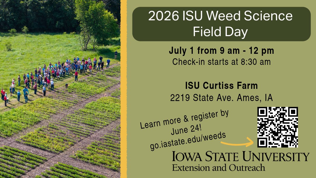 ISUCropNews's tweet photo. Remember if you are planning to attend the 2026 ISU Weed Science Field Day on July 1 please RSVP by June 24 at https://t.co/bIVR5cGvVD. We hope to see you there! #ISUCrops https://t.co/Be5cFKlSmm