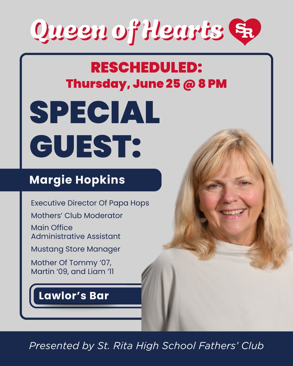 StRitaHS's tweet photo. 🚨💰This week's Queen of Hearts drawing has been rescheduled to Thursday, June 25, with a jackpot exceeding $140,000!💰🚨

This week's special guest ticket puller will be Margie Hopkins. 

Purchase tickets at Lawlor's Bar on 111th Street or online here: https://t.co/r5iO1WVdqr https://t.co/DQSswEwaF3
