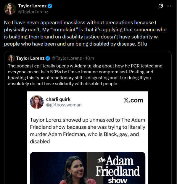 BobsPraxis's tweet photo. Free speech champion, lmao! Argument makes no sense. As for taking precautions bit, are you having a go at Adam or Hasan for their calloussness?  Liberalism is all about aesthetics no substance as Taylor Lorenz demonstrates here. https://t.co/oPiUKUUe42