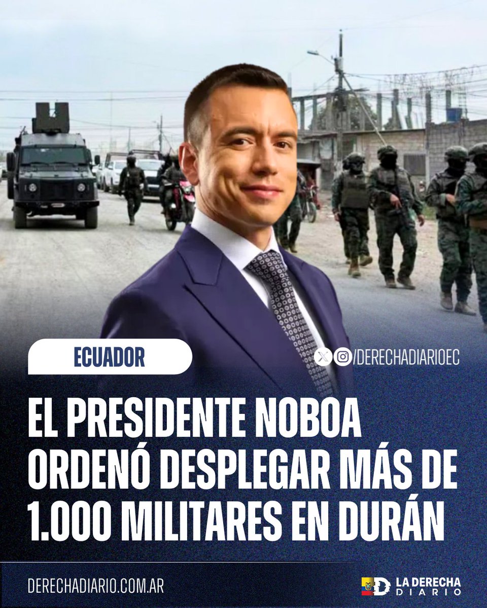 DerechaDiarioEC's tweet photo. 🚨🇪🇨 | GRAN MEDIDA: Noboa ordenó desplegar más de 1.000 efectivos de la Fuerza Aérea en una operación militar masiva en el cantón Durán, con controles a personas, vehículos y motocicletas, apoyados con drones, blindados y helicópteros, para reforzar la seguridad en una de las zonas más golpeadas por el crimen organizado.