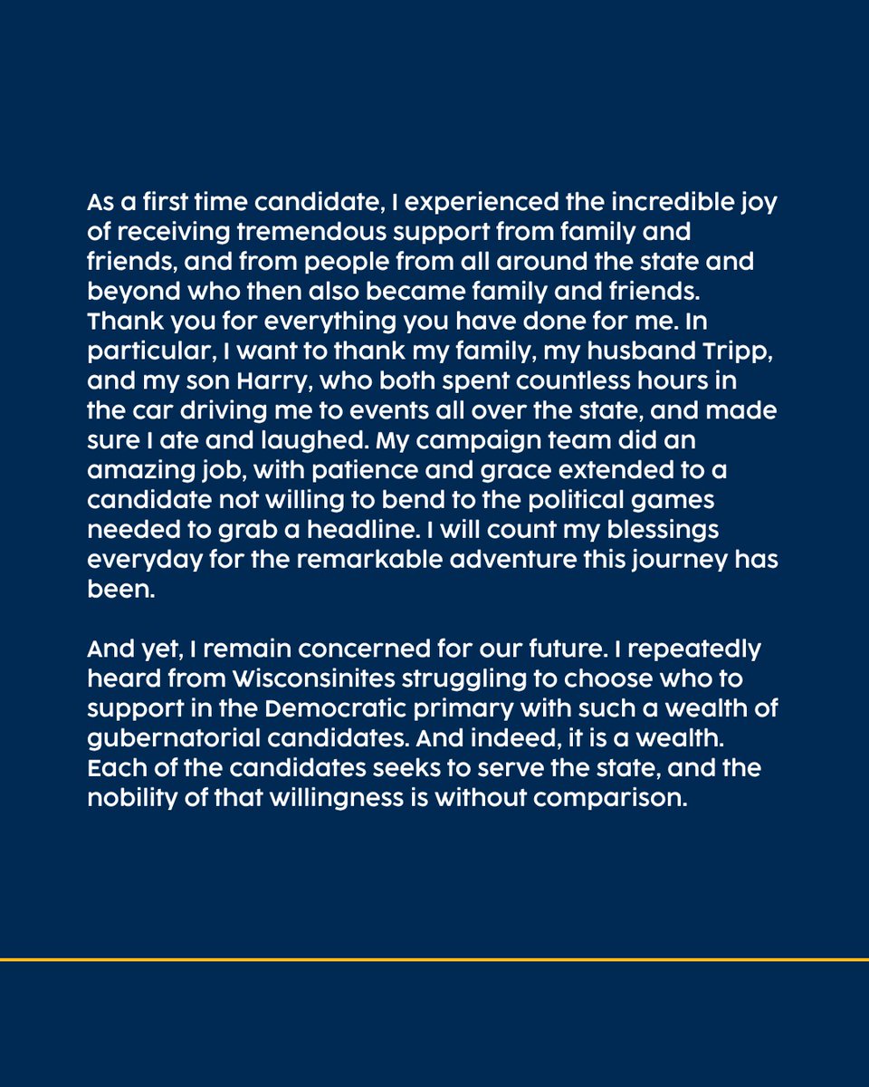 MissyforWI's tweet photo. Today I am suspending my campaign for Governor and proudly endorsing Lieutenant Governor @SaraForWI.

Read my full statement. https://t.co/fFx6hSVZYB
