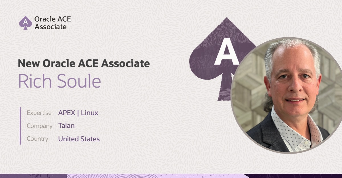 oracleace's tweet photo. 👏 Let's give a warm welcome to Rich Soule as an Oracle ACE Associate!

Rich has been working with Oracle technologies since the early days of Oracle Forms and Reports, building an impressive career spanning database administration, architecture, Oracle APEX, middleware, and consulting leadership. His decades of experience, community contributions, and passion for mentoring make him a fantastic addition to the Oracle ACE community. 🚀

🔗 https://t.co/l27Rq7oUwp
#OracleACE